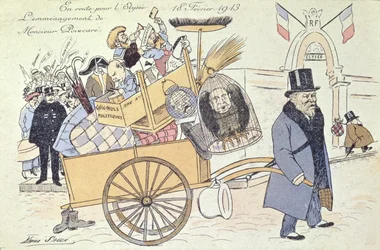 Caricatura di Raymond Poincaré (1860-1934) che si trasferisce al Palazzo dell